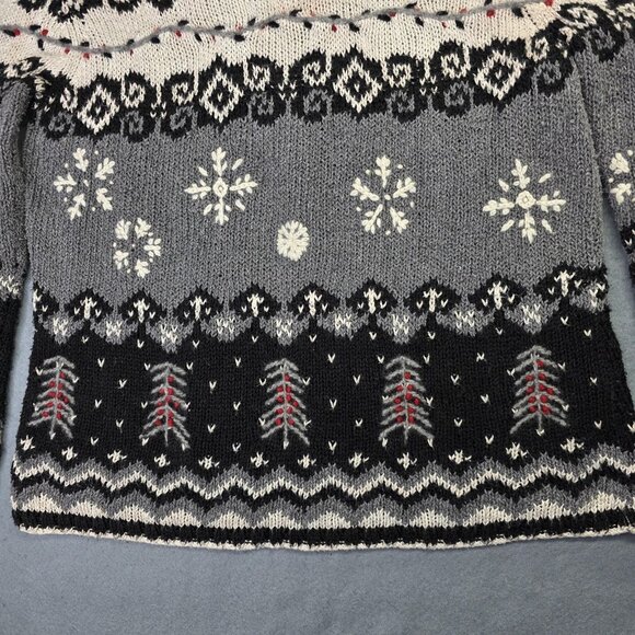 Talbots Sweater Women M Black Fair Isle Snowflake Handknit Linen Blend Mock Neck - Picture 5 of 12